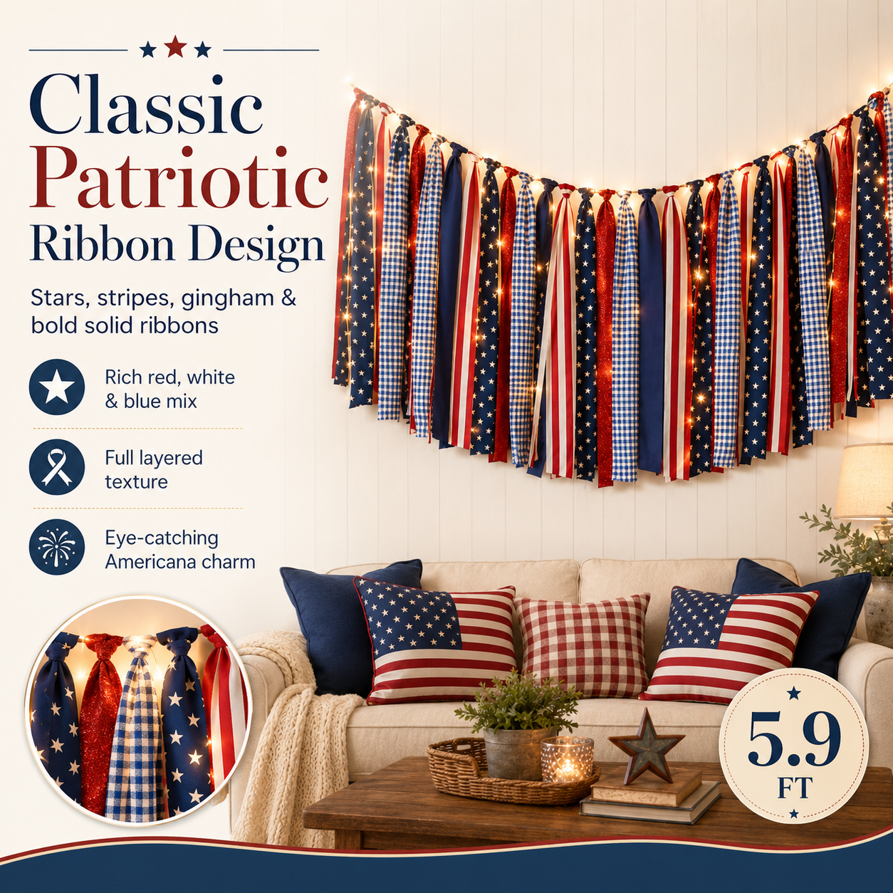 5.9 ft Patriotic Lighted Ribbon Garland