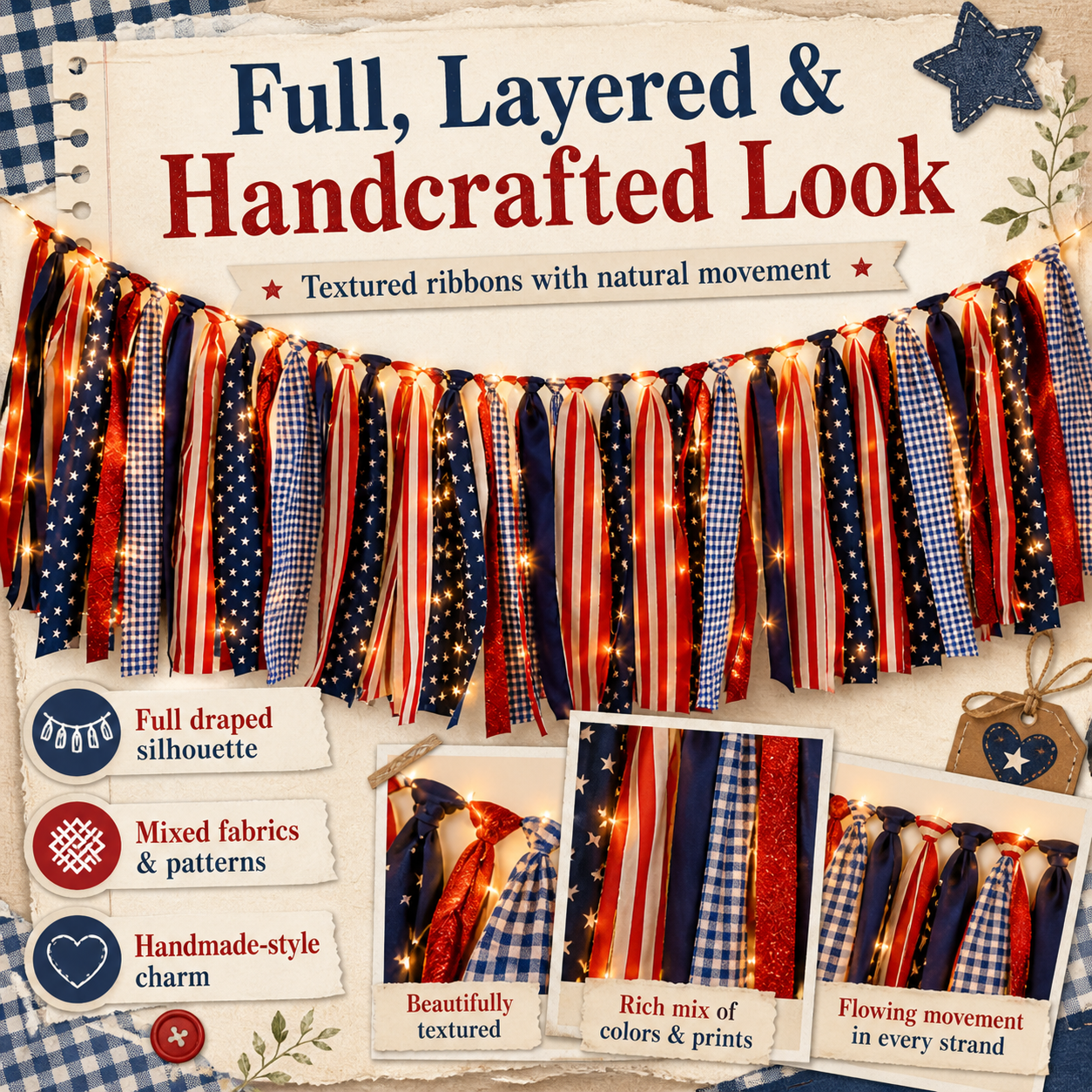 5.9 ft Patriotic Lighted Ribbon Garland