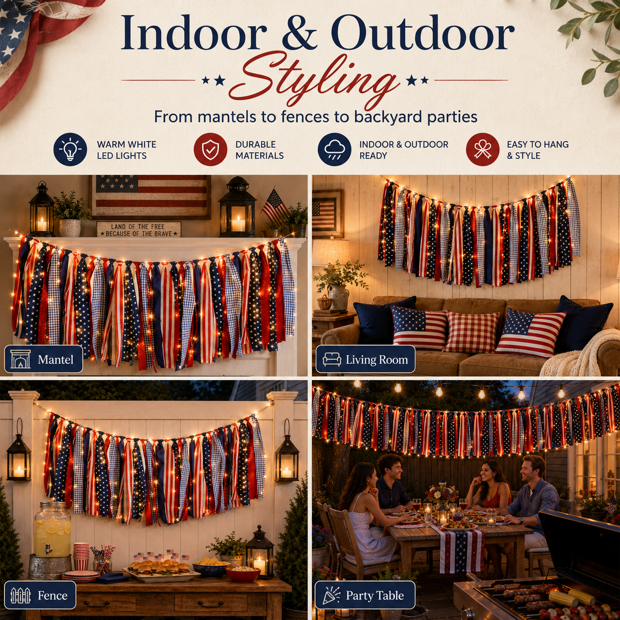 5.9 ft Patriotic Lighted Ribbon Garland