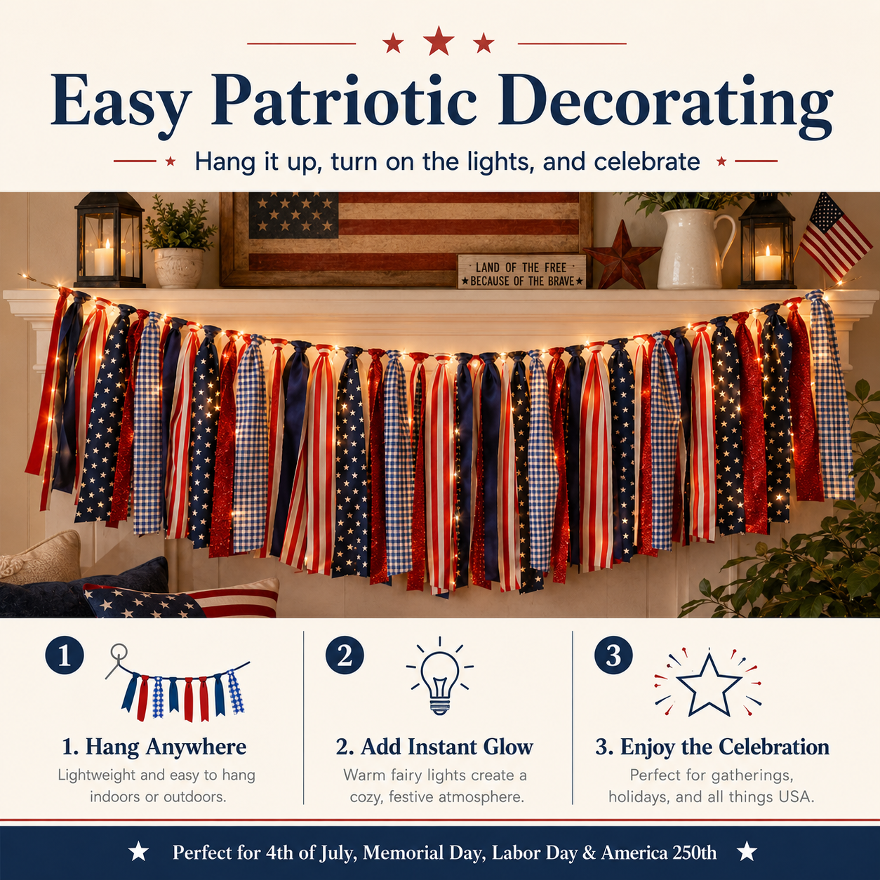 5.9 ft Patriotic Lighted Ribbon Garland