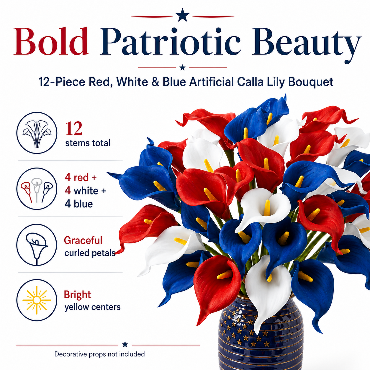 12-Piece Red, White & Blue Artificial Calla Lily Bouquet
