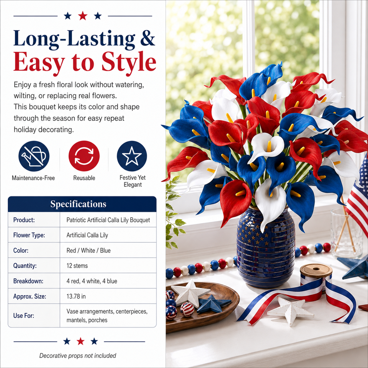 12-Piece Red, White & Blue Artificial Calla Lily Bouquet