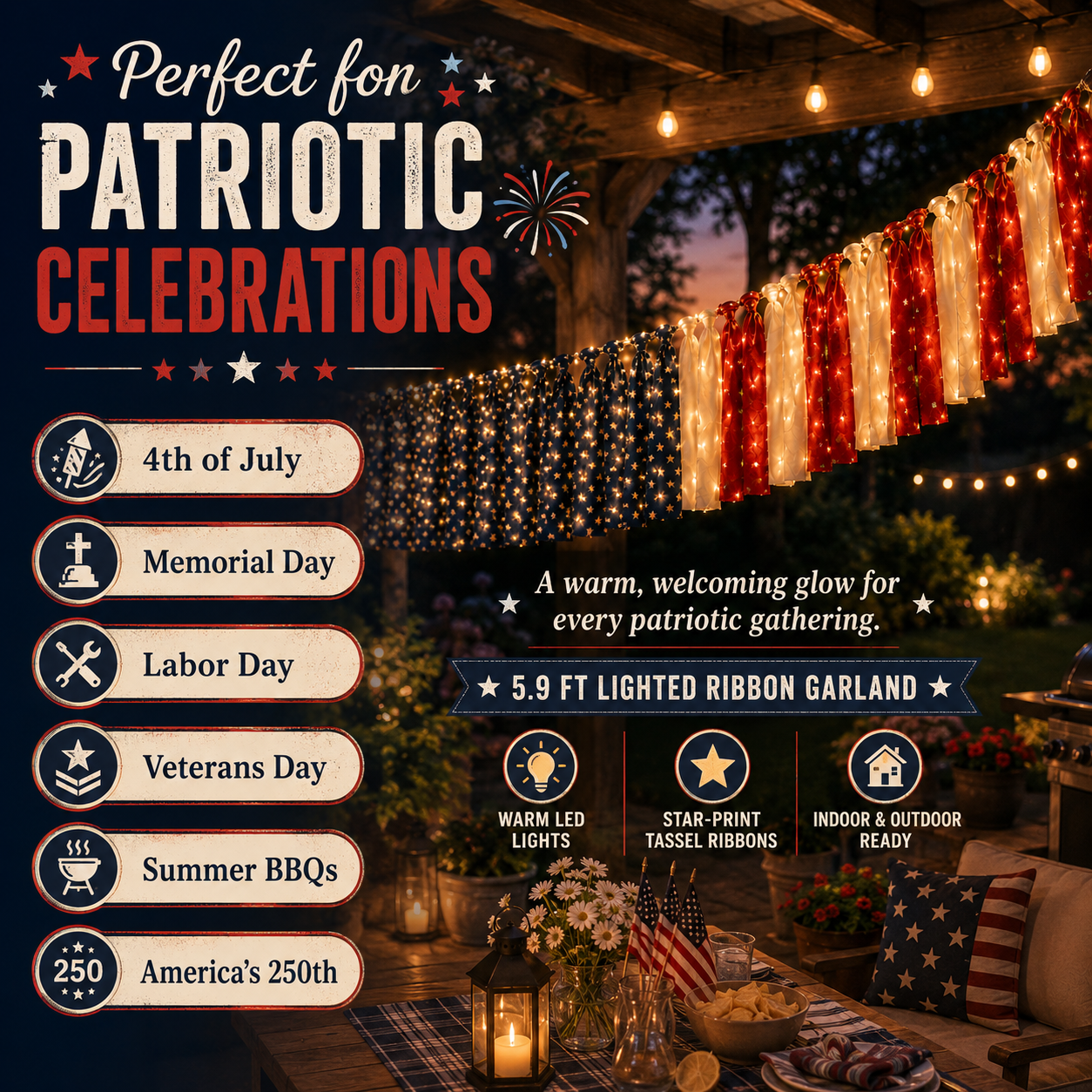 5.9 ft Patriotic Lighted Ribbon Garland