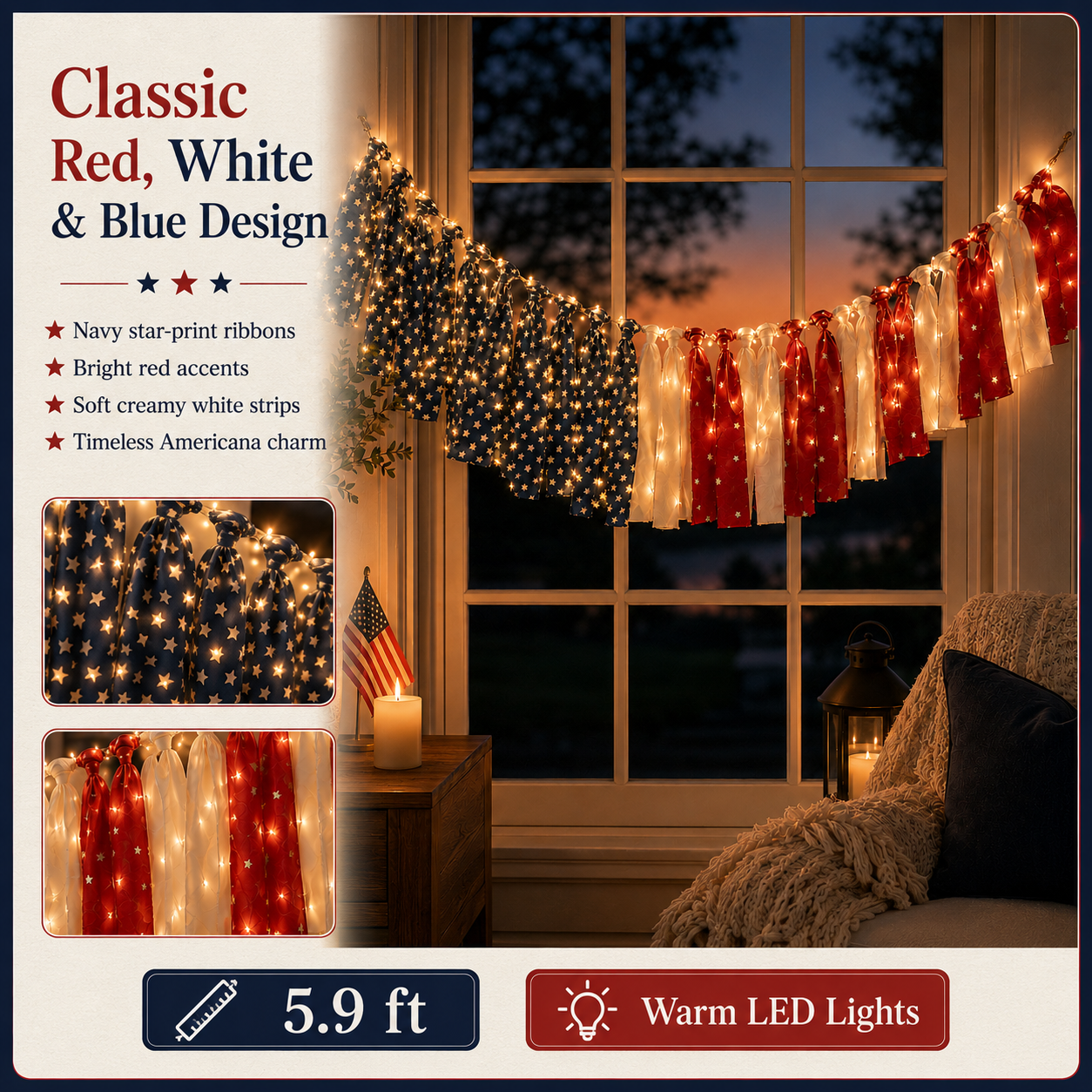 5.9 ft Patriotic Lighted Ribbon Garland