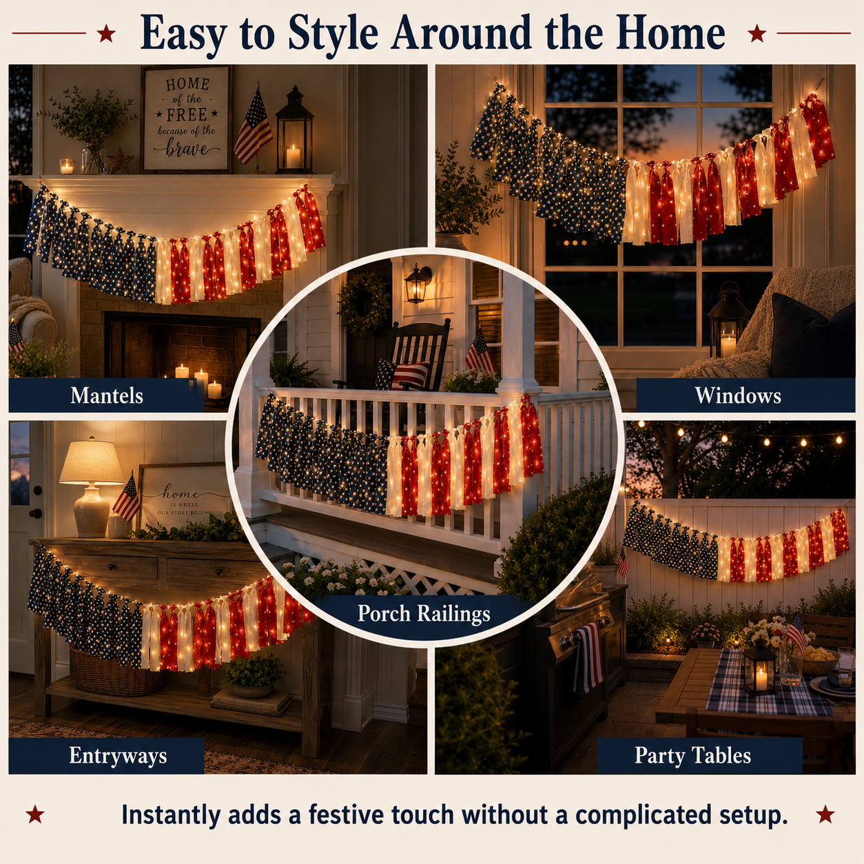 5.9 ft Patriotic Lighted Ribbon Garland