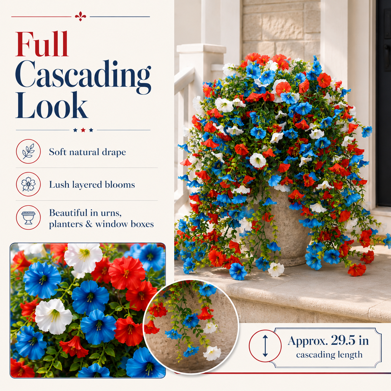 Patriotic Red, White & Blue Artificial Cascading Flowers