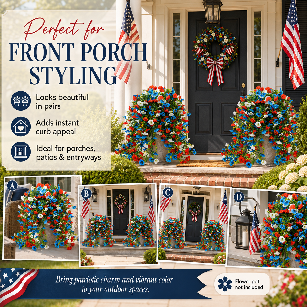 Patriotic Red, White & Blue Artificial Cascading Flowers