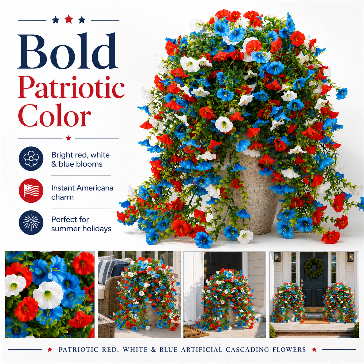 Patriotic Red, White & Blue Artificial Cascading Flowers
