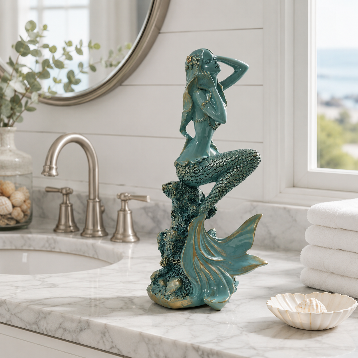 Turquoise Mermaid Coastal Tabletop Statue