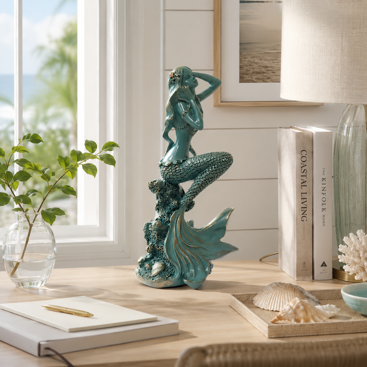 Turquoise Mermaid Coastal Tabletop Statue