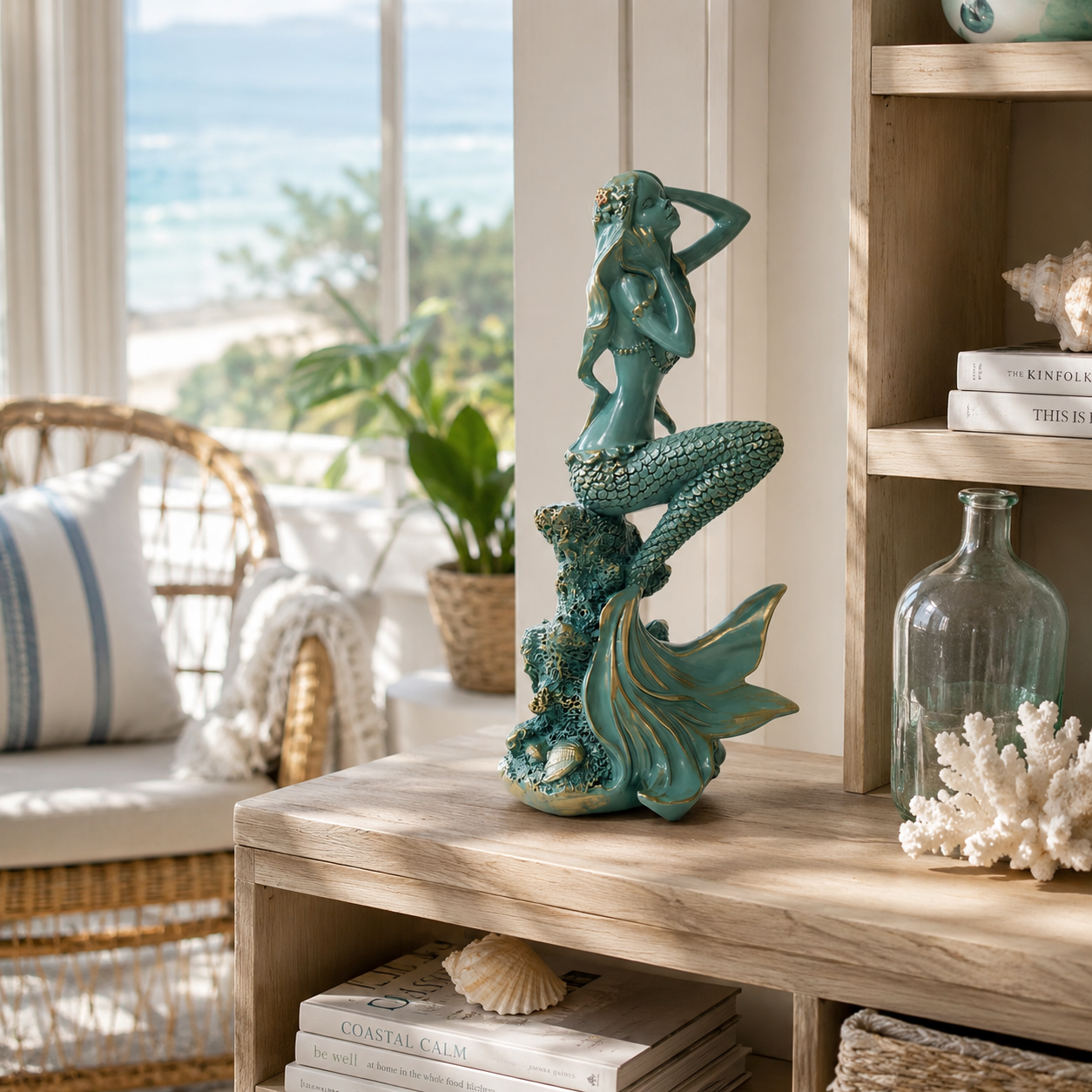 Turquoise Mermaid Coastal Tabletop Statue