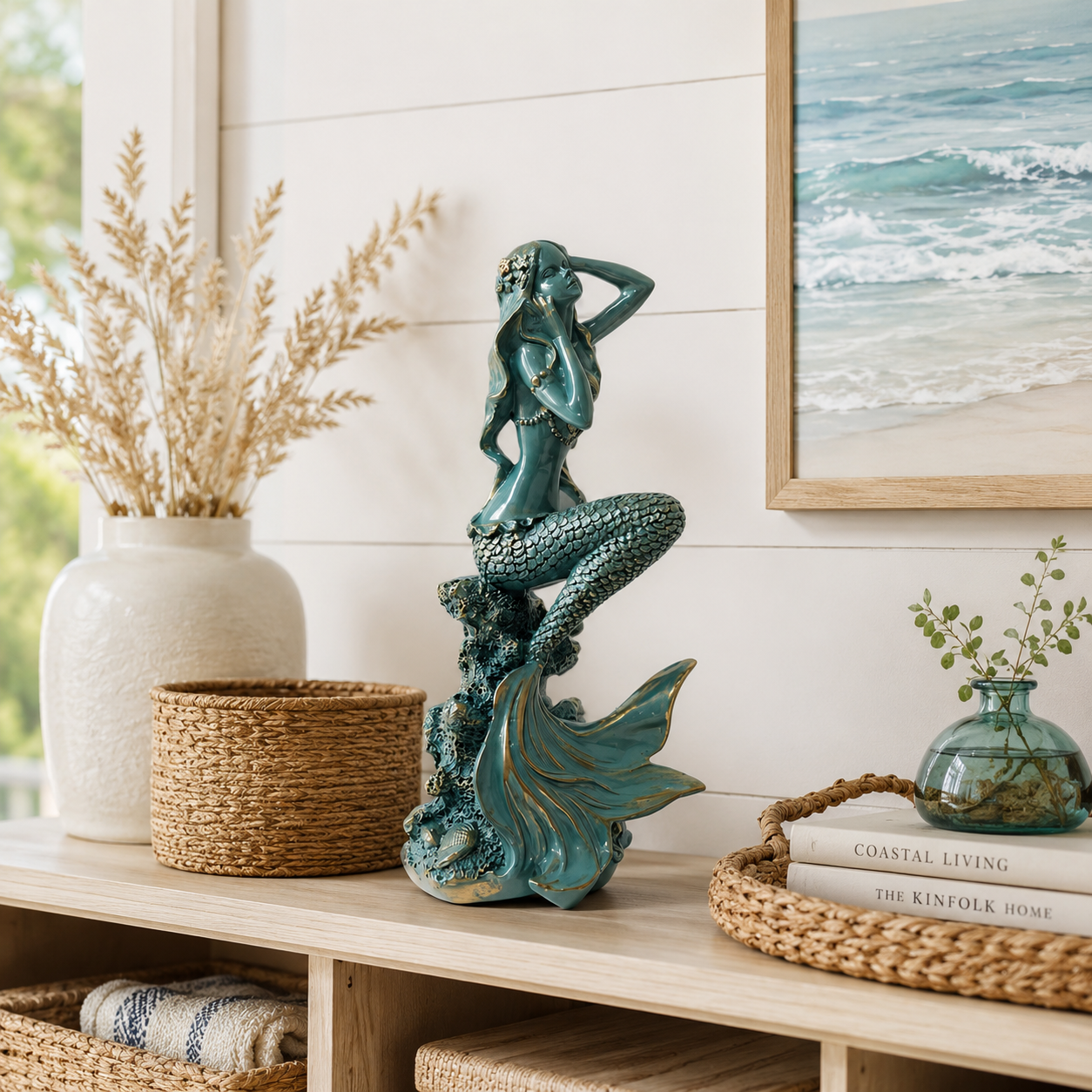 Turquoise Mermaid Coastal Tabletop Statue
