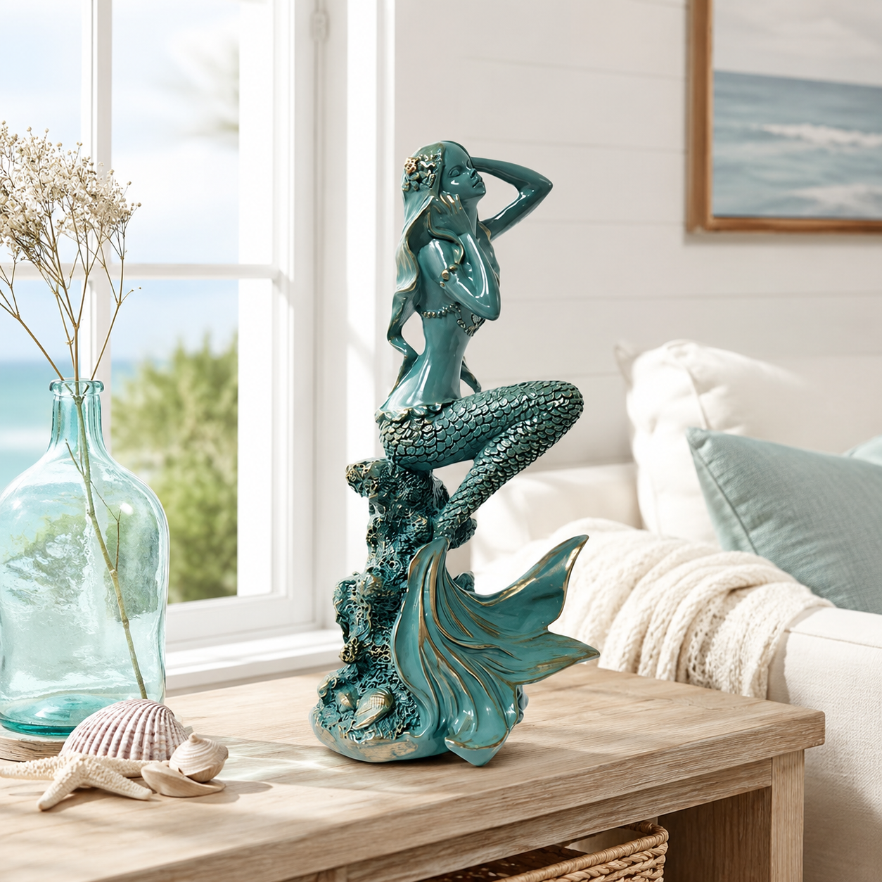 Turquoise Mermaid Coastal Tabletop Statue