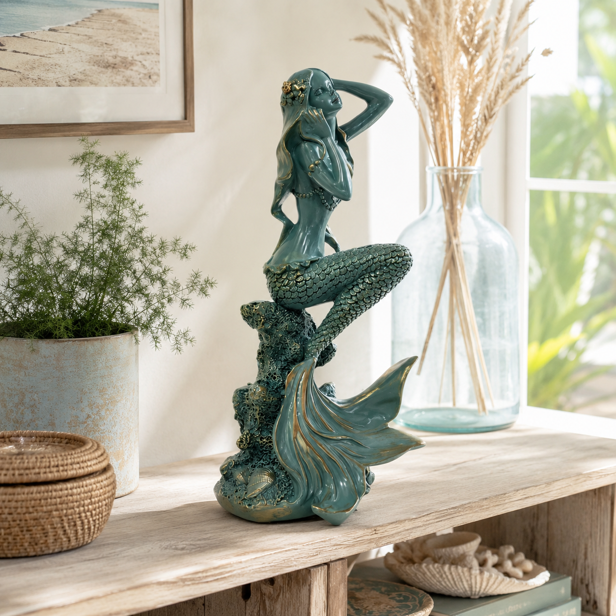 Turquoise Mermaid Coastal Tabletop Statue