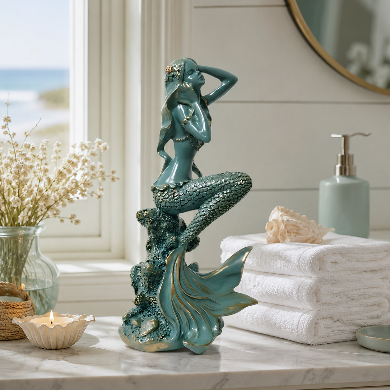 Turquoise Mermaid Coastal Tabletop Statue