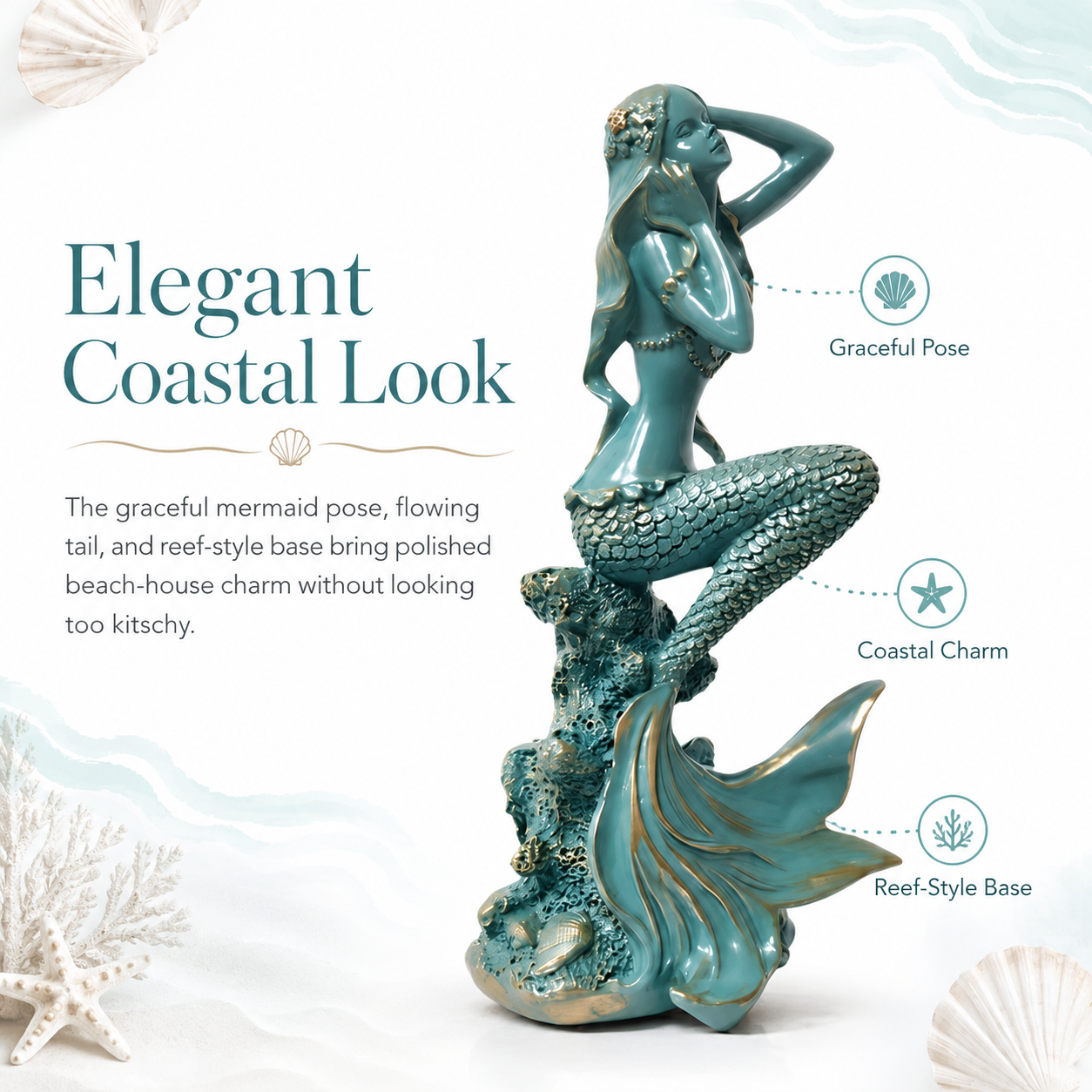 Turquoise Mermaid Coastal Tabletop Statue
