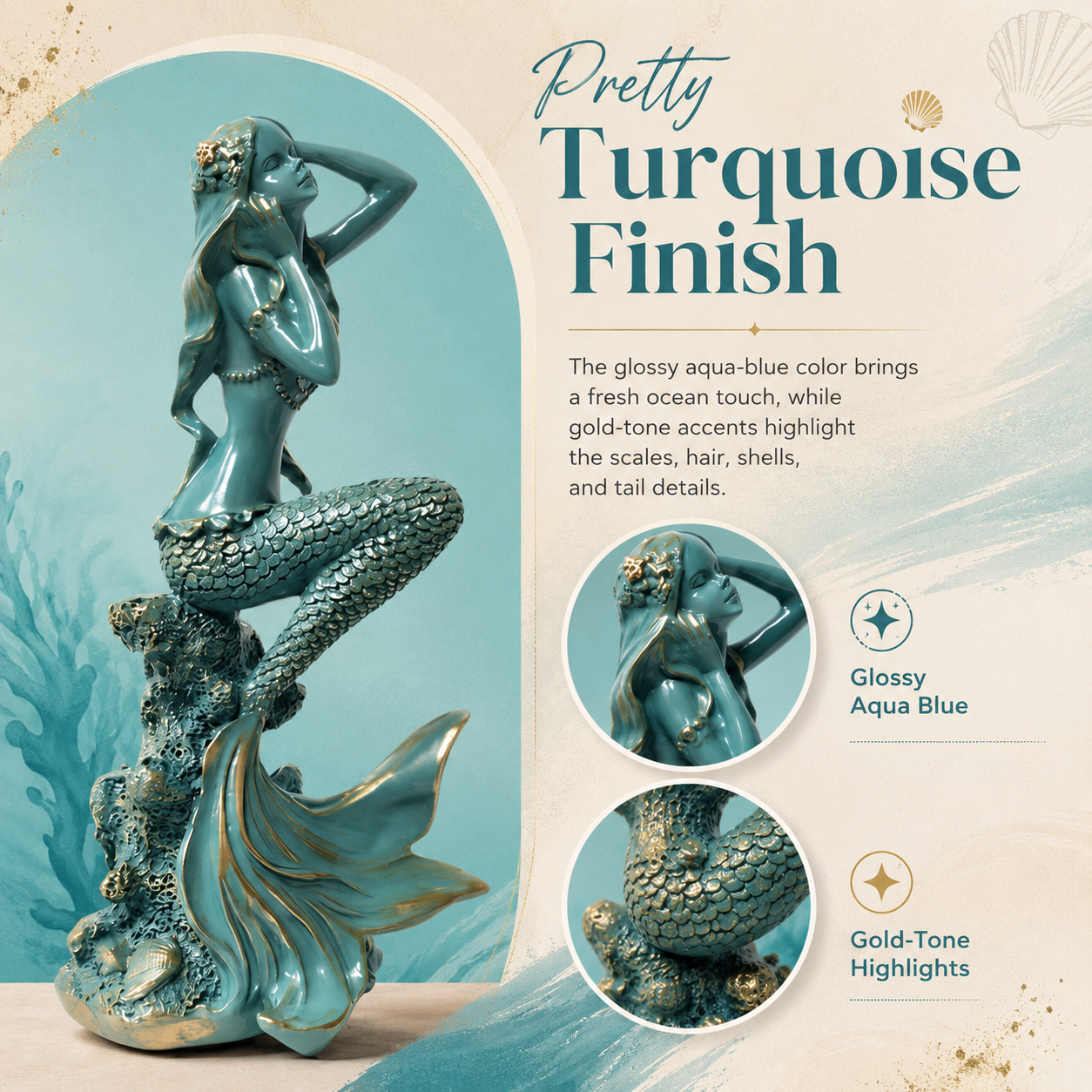 Turquoise Mermaid Coastal Tabletop Statue