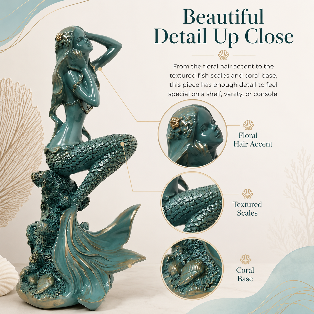 Turquoise Mermaid Coastal Tabletop Statue