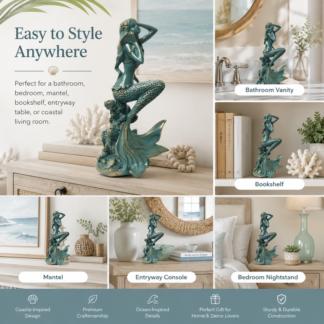 Turquoise Mermaid Coastal Tabletop Statue