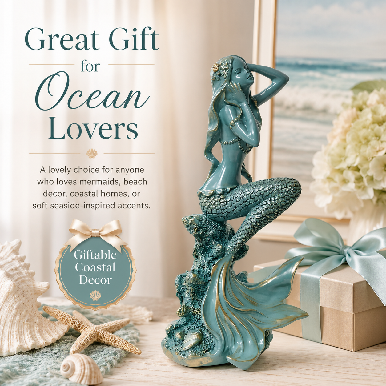 Turquoise Mermaid Coastal Tabletop Statue
