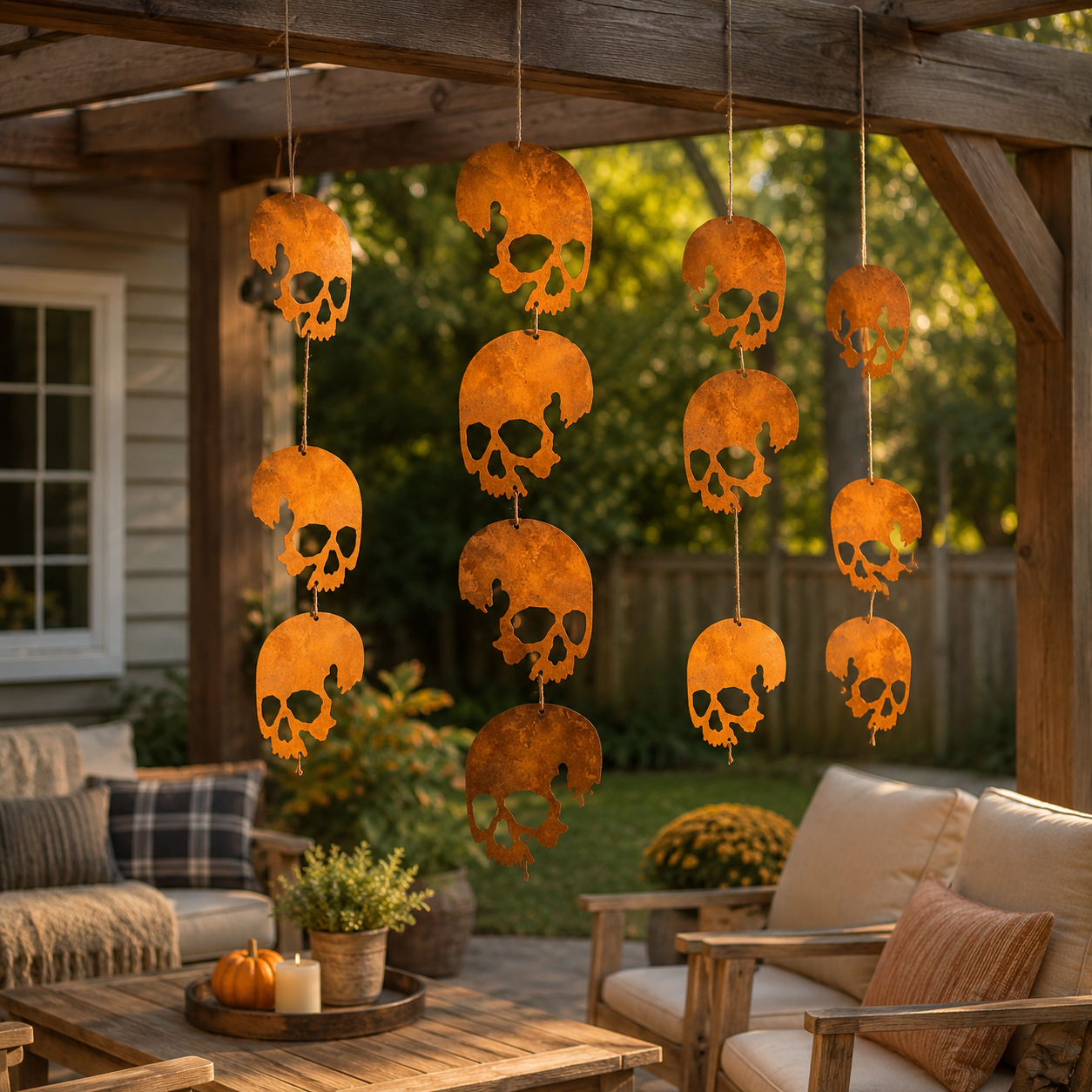 Rust Patina Skull Hanging Decor – 4-Skull Set
