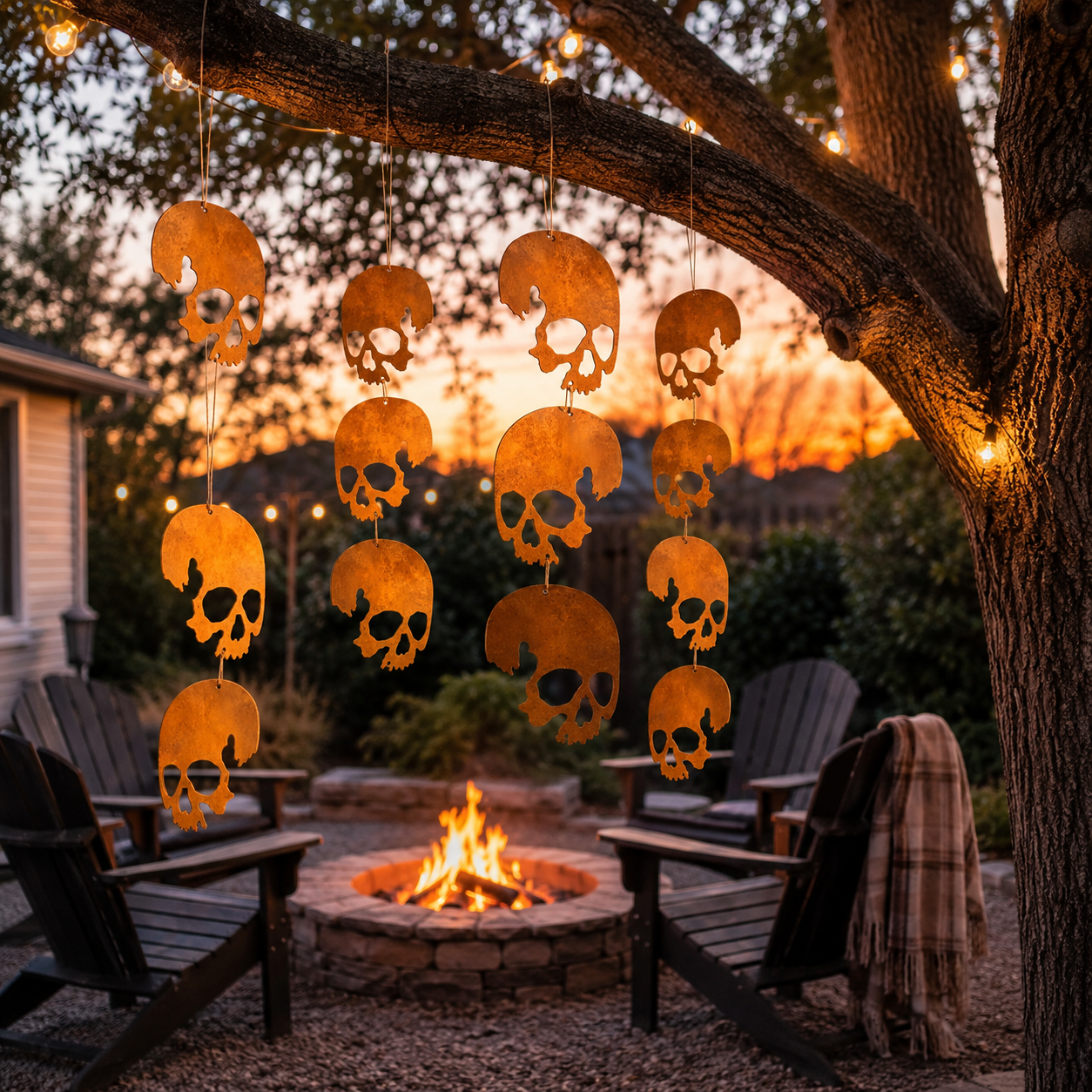 Rust Patina Skull Hanging Decor – 4-Skull Set