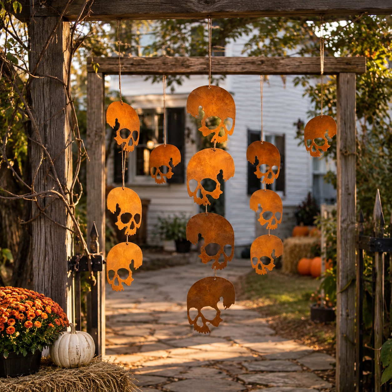 Rust Patina Skull Hanging Decor – 4-Skull Set