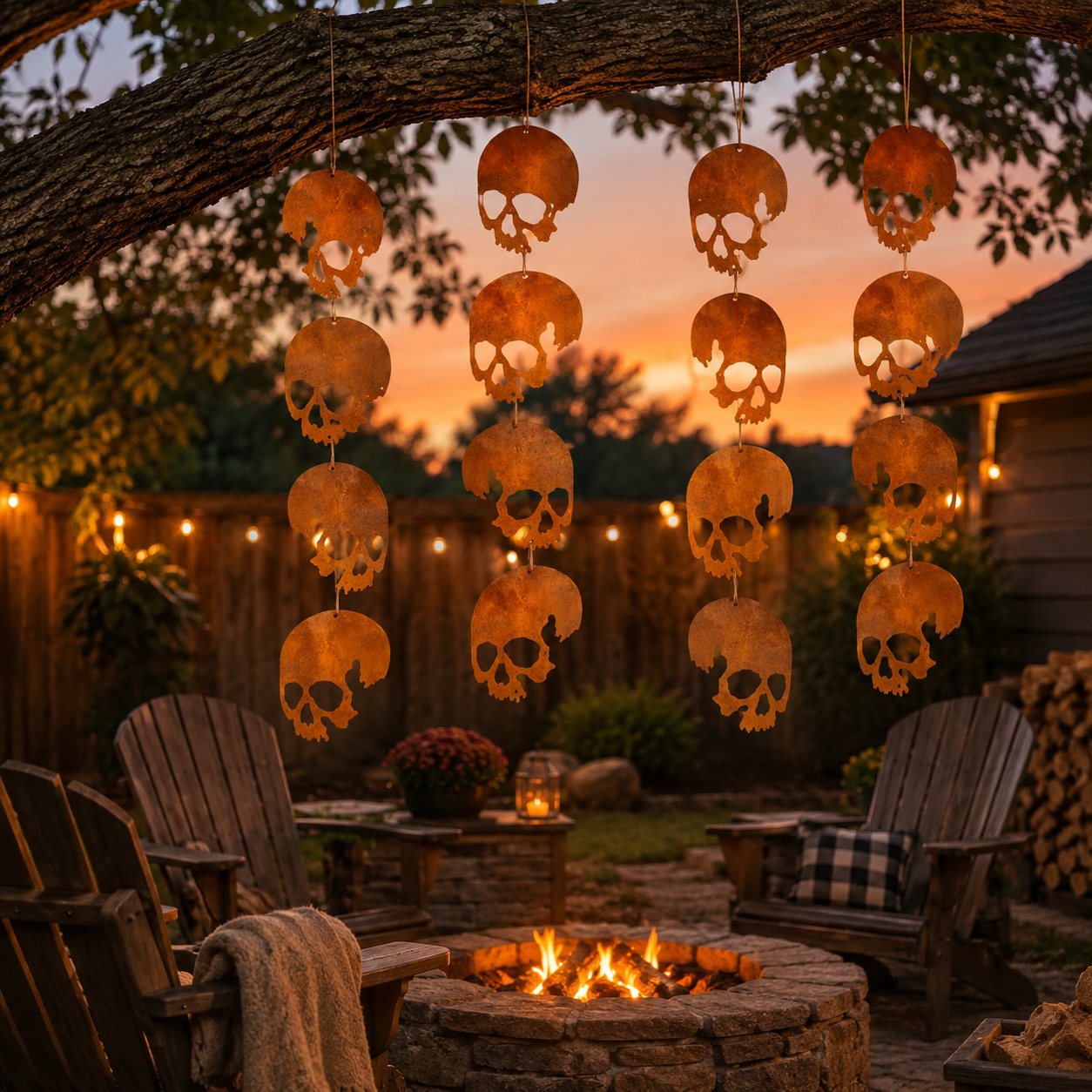 Rust Patina Skull Hanging Decor – 4-Skull Set
