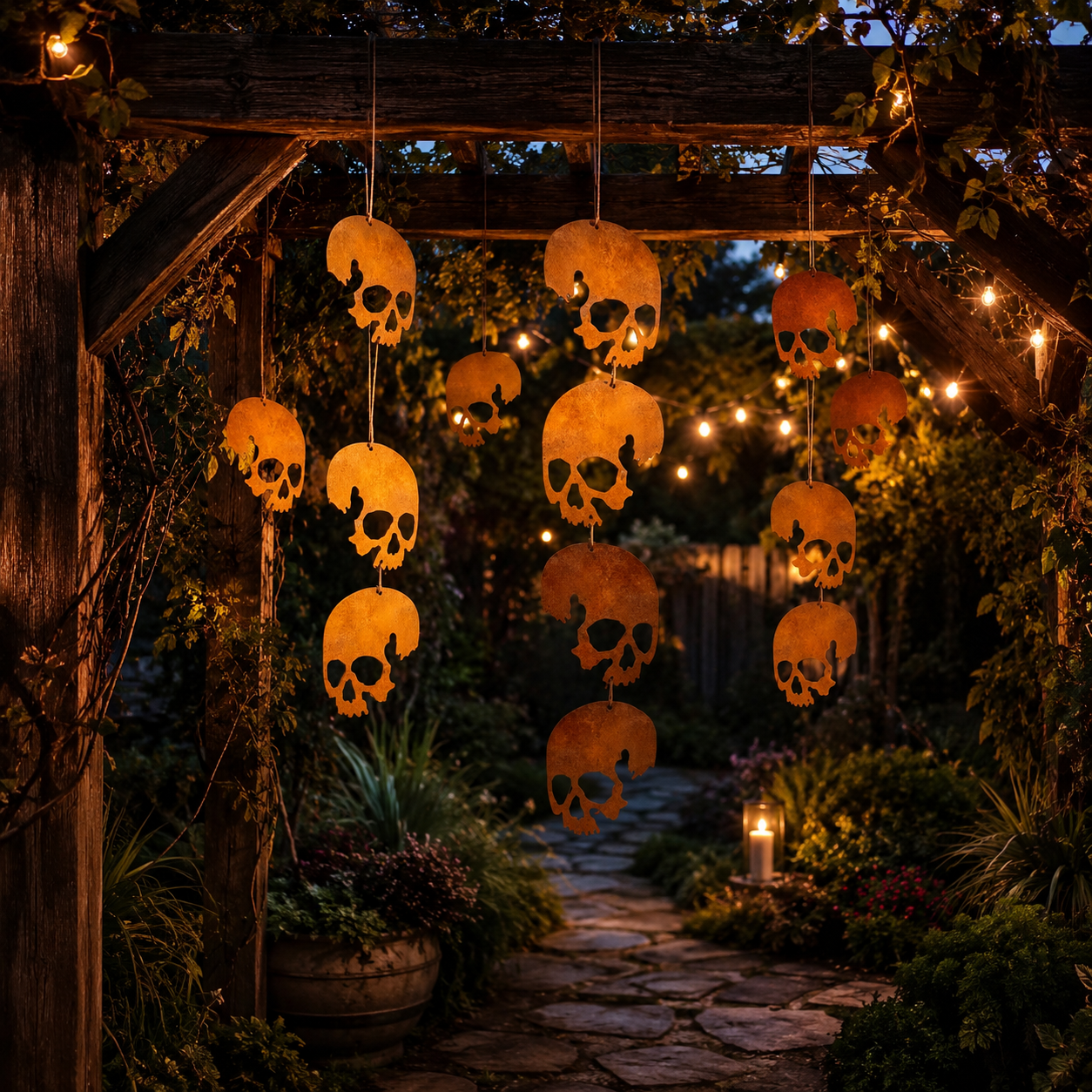 Rust Patina Skull Hanging Decor – 4-Skull Set