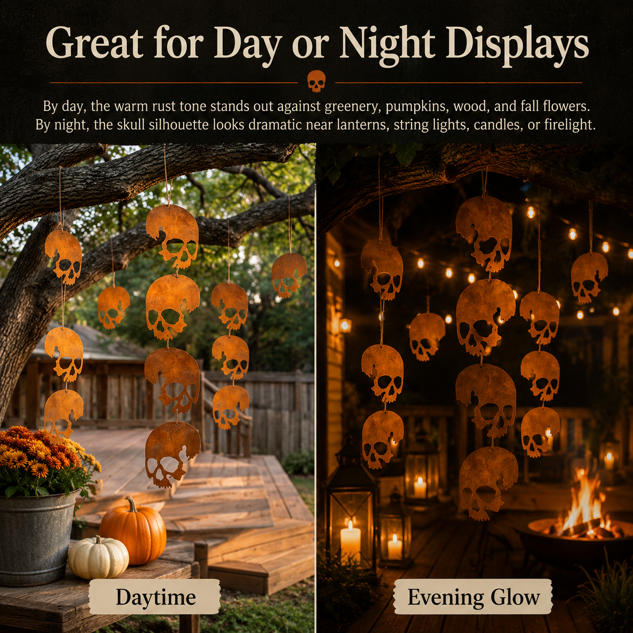 Rust Patina Skull Hanging Decor – 4-Skull Set