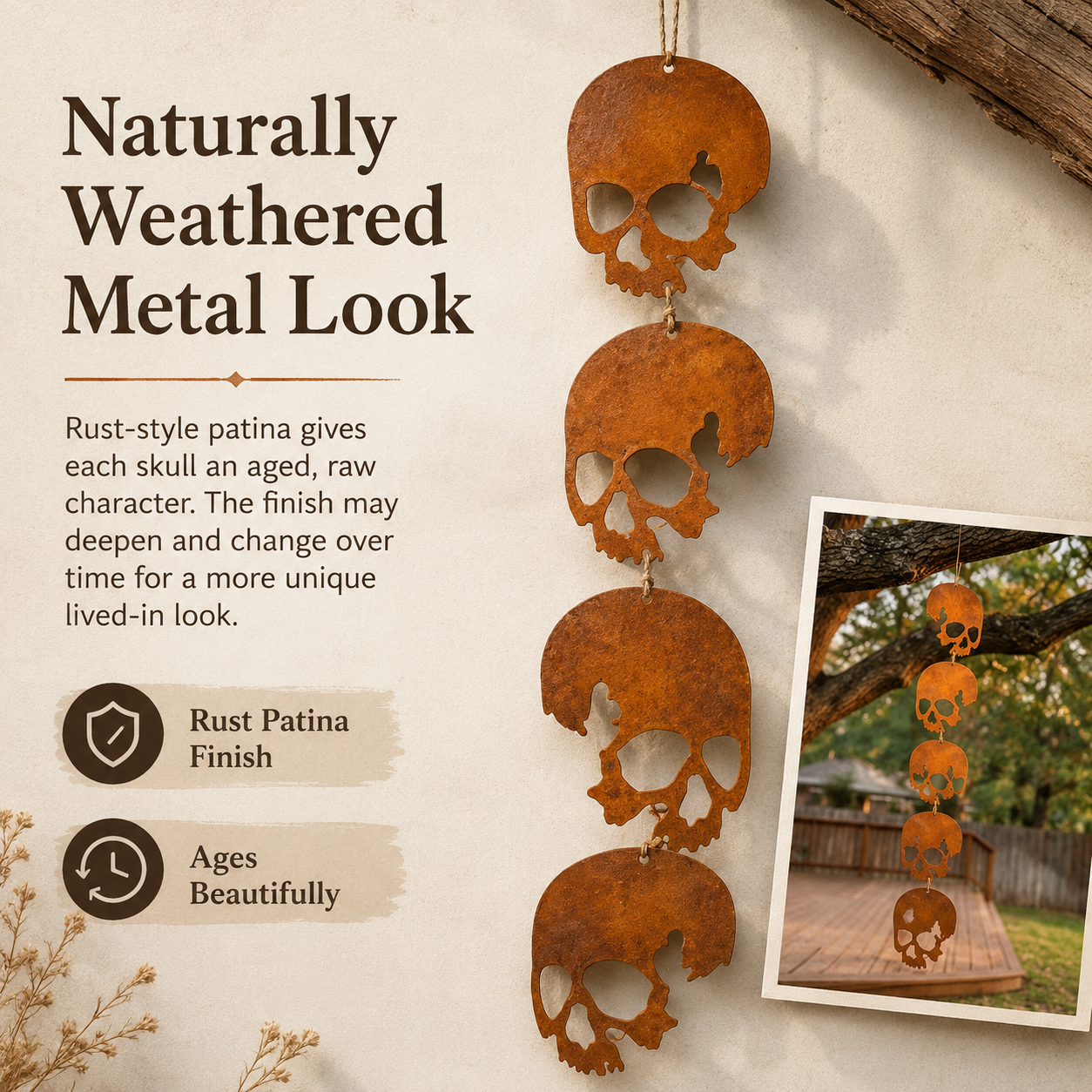 Rust Patina Skull Hanging Decor – 4-Skull Set