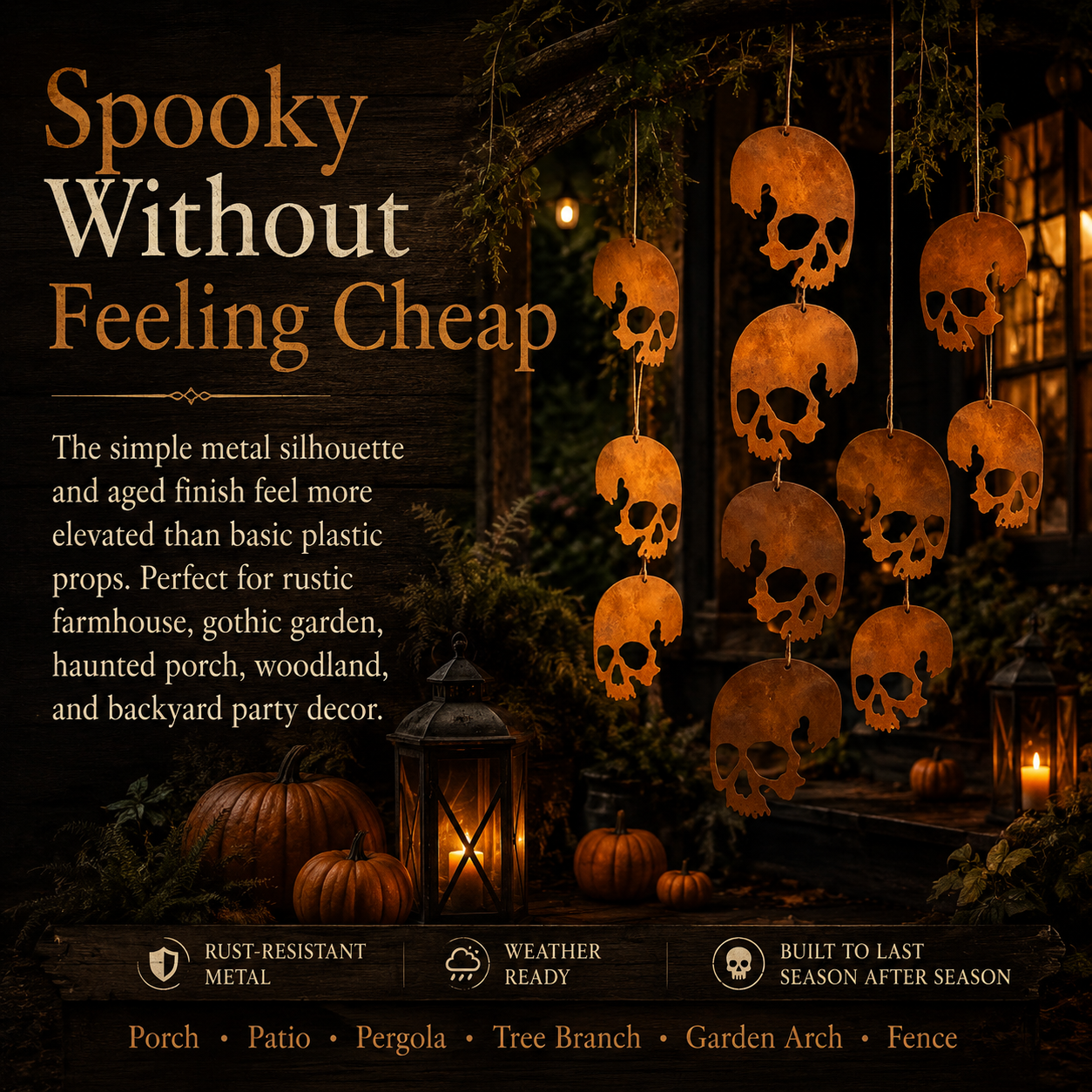 Rust Patina Skull Hanging Decor – 4-Skull Set
