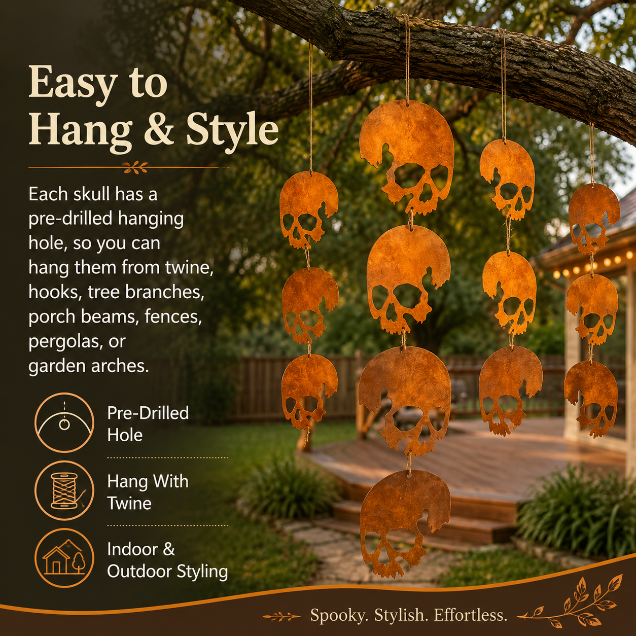 Rust Patina Skull Hanging Decor – 4-Skull Set
