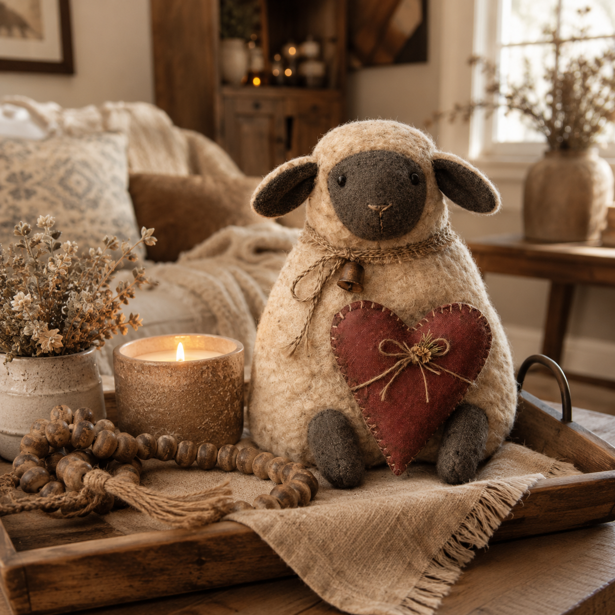 Rustic Heart Sheep Tabletop Decor