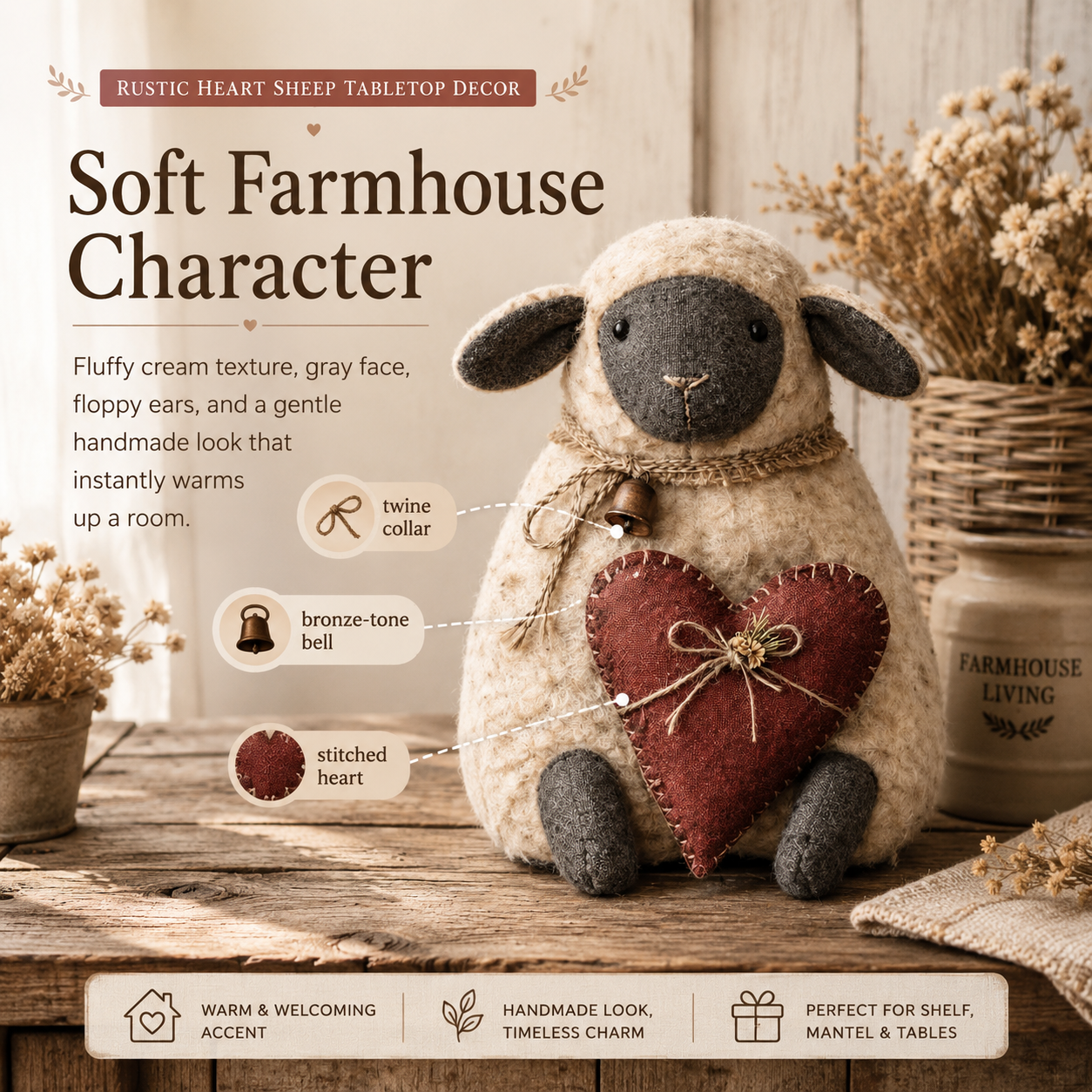 Rustic Heart Sheep Tabletop Decor