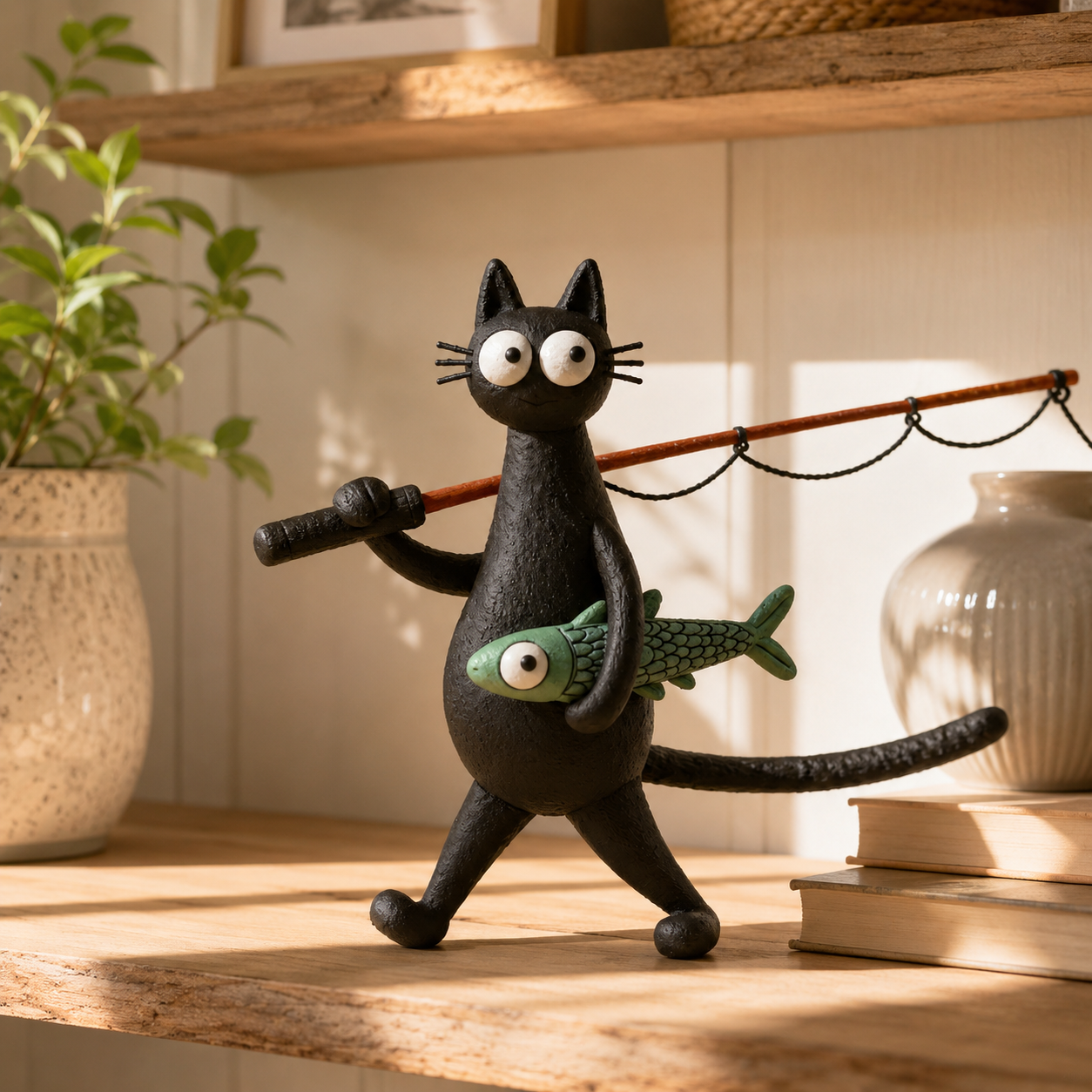 Whimsical Fishing Cat Figurine