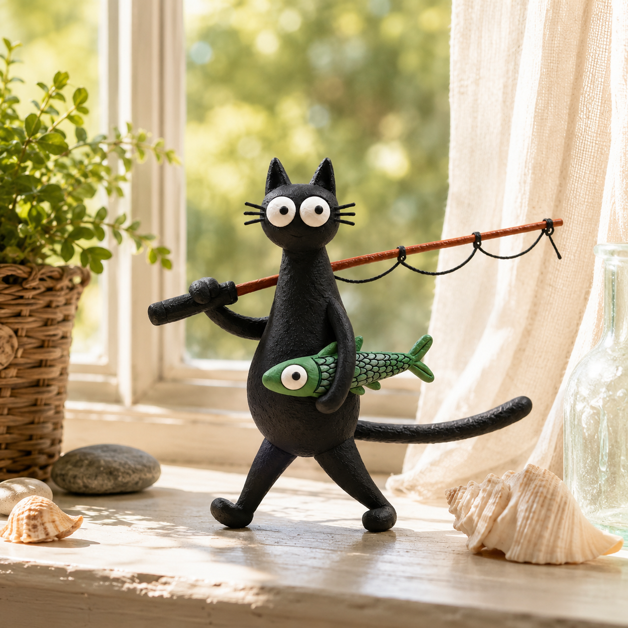 Whimsical Fishing Cat Figurine