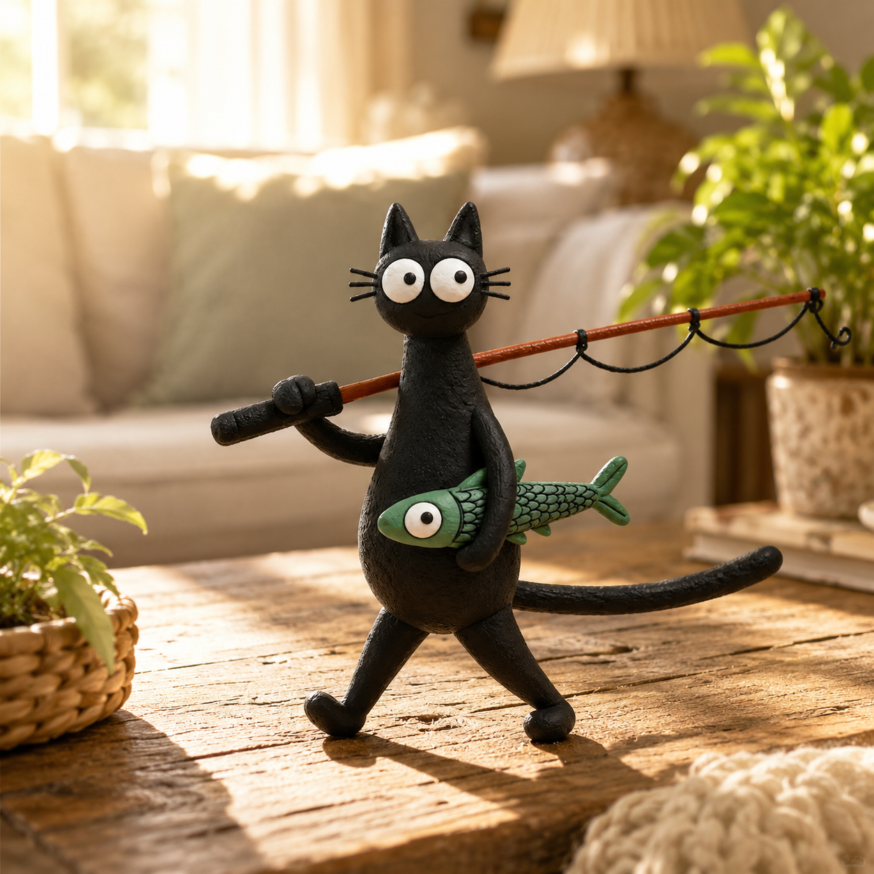 Whimsical Fishing Cat Figurine