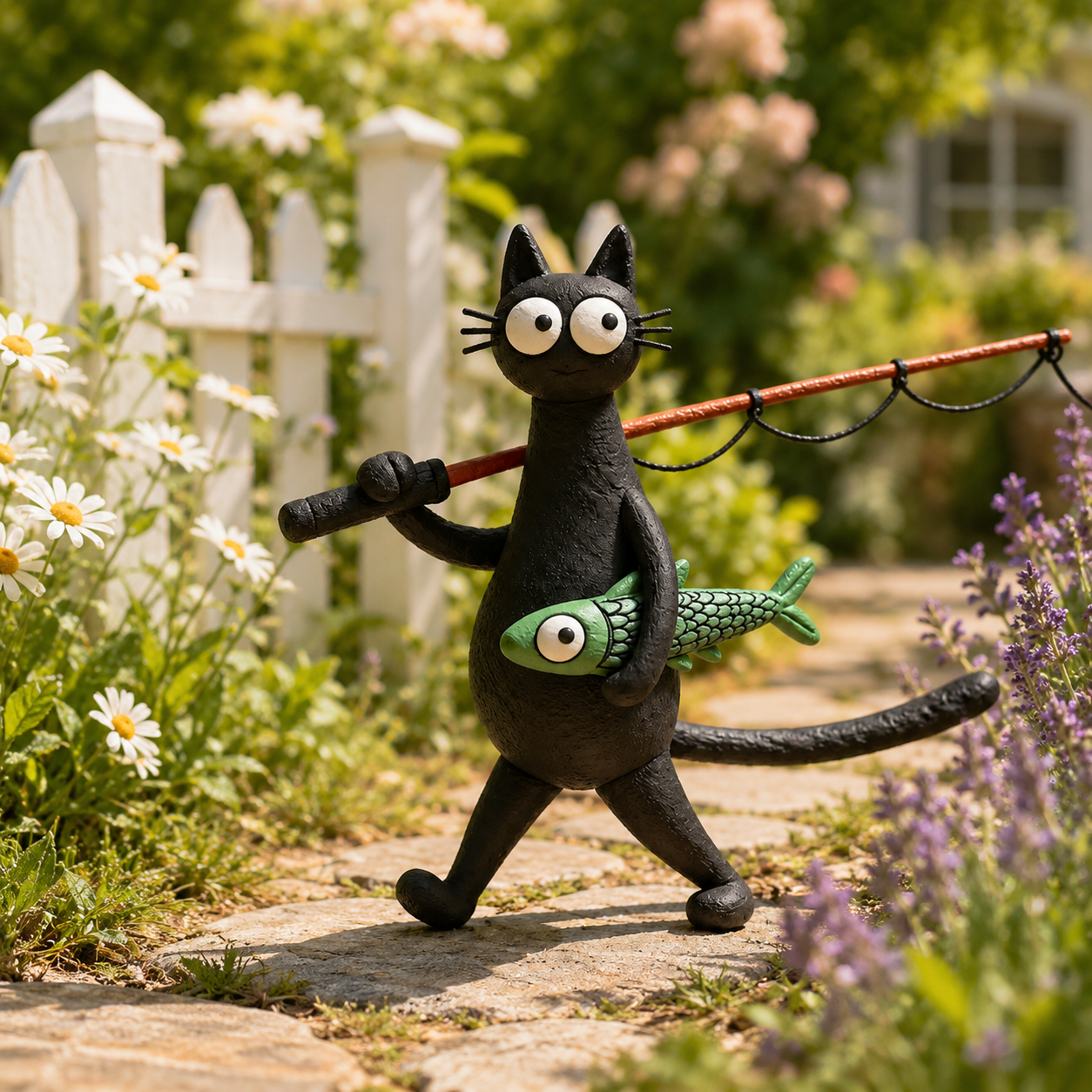 Whimsical Fishing Cat Figurine