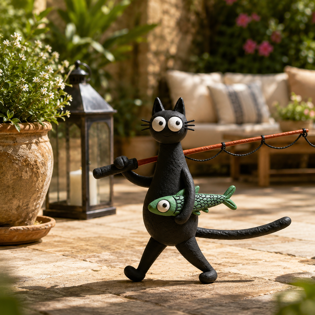 Whimsical Fishing Cat Figurine