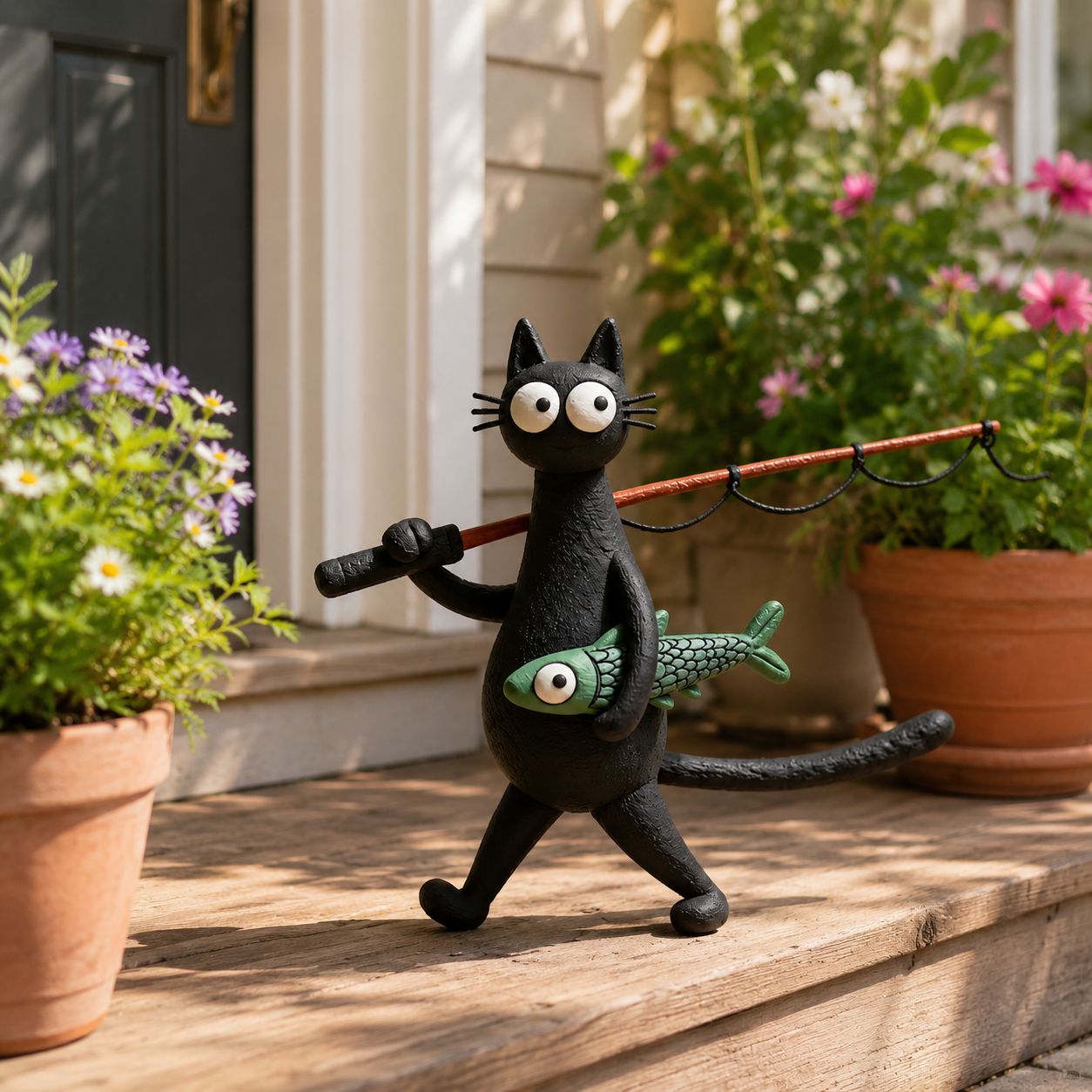 Whimsical Fishing Cat Figurine