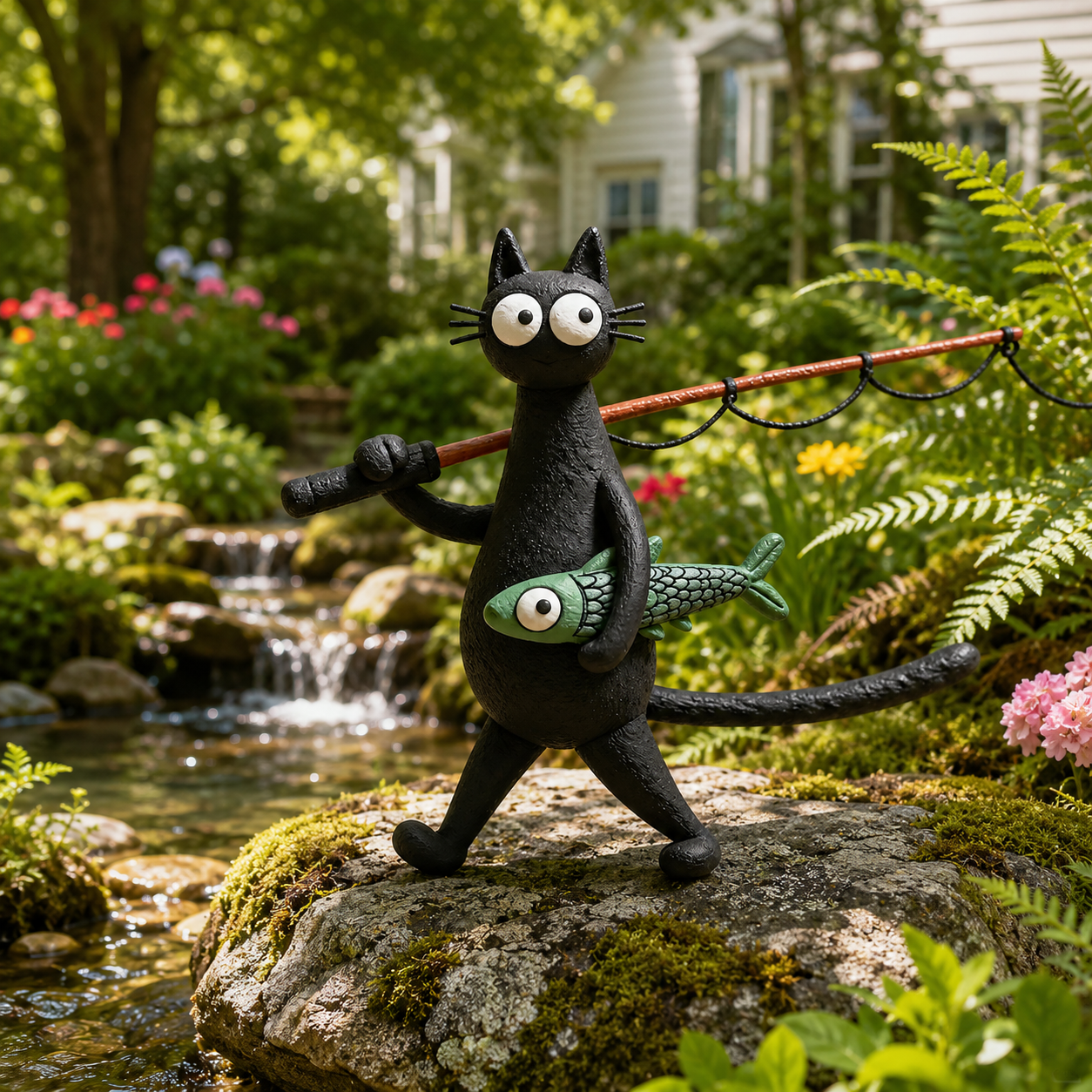 Whimsical Fishing Cat Figurine