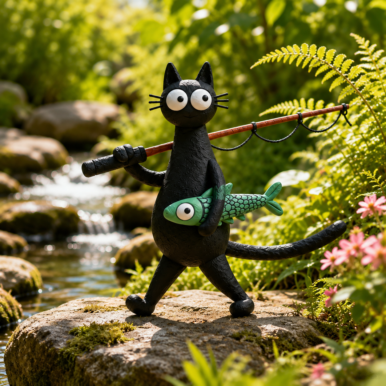 Whimsical Fishing Cat Figurine