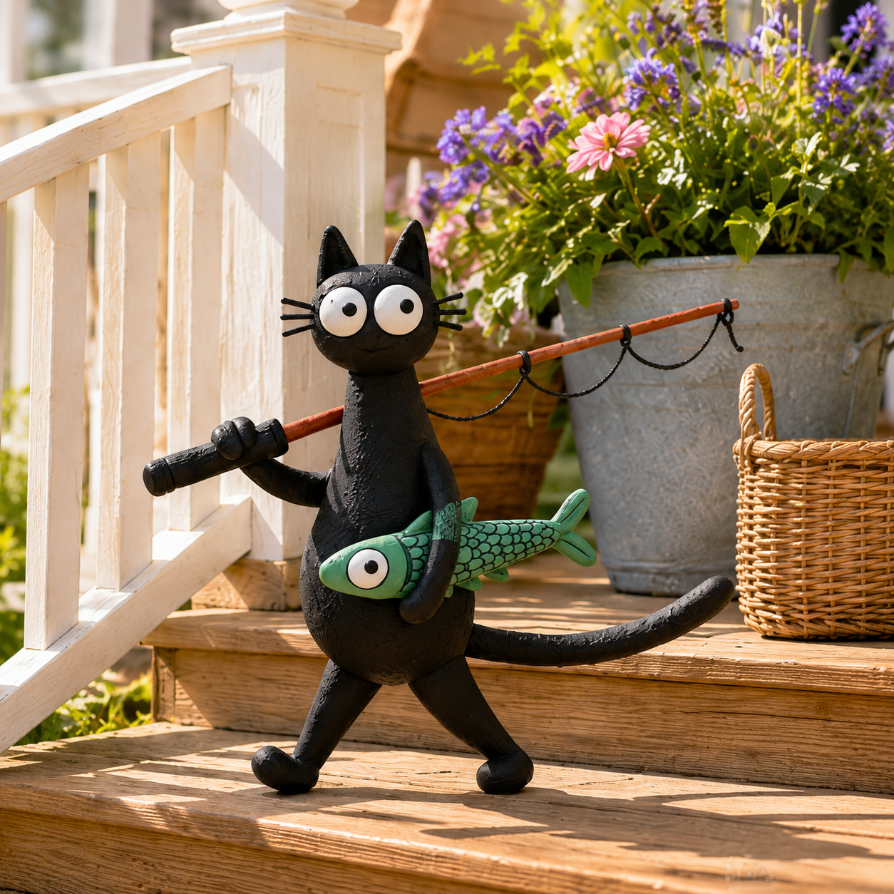 Whimsical Fishing Cat Figurine