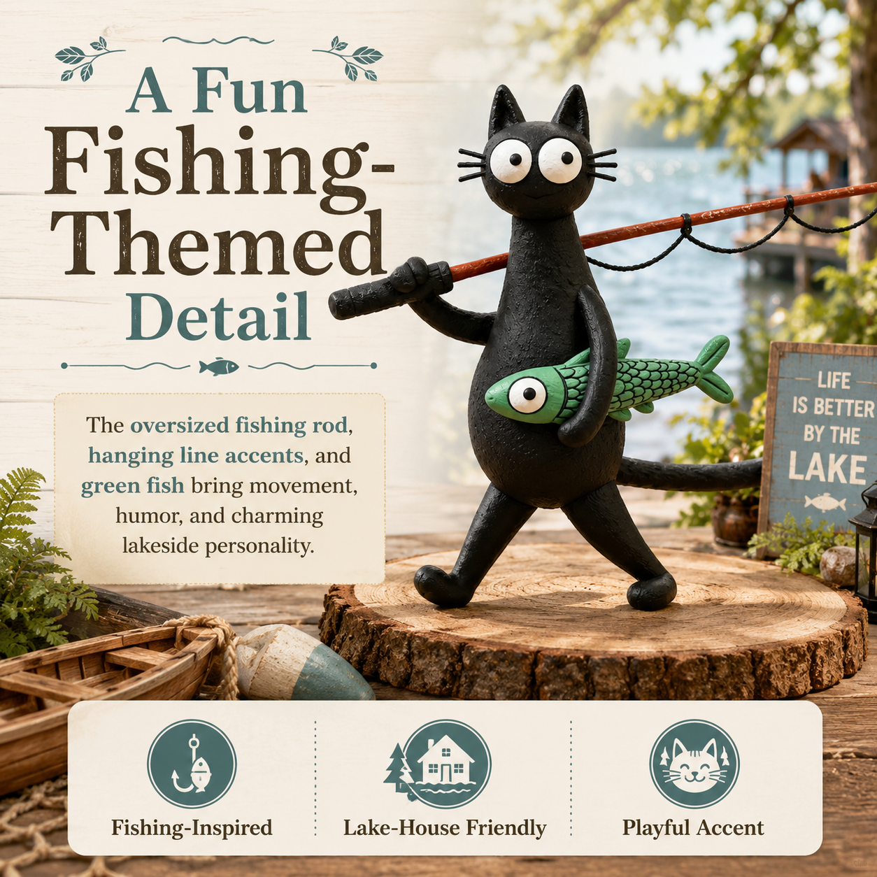 Whimsical Fishing Cat Figurine