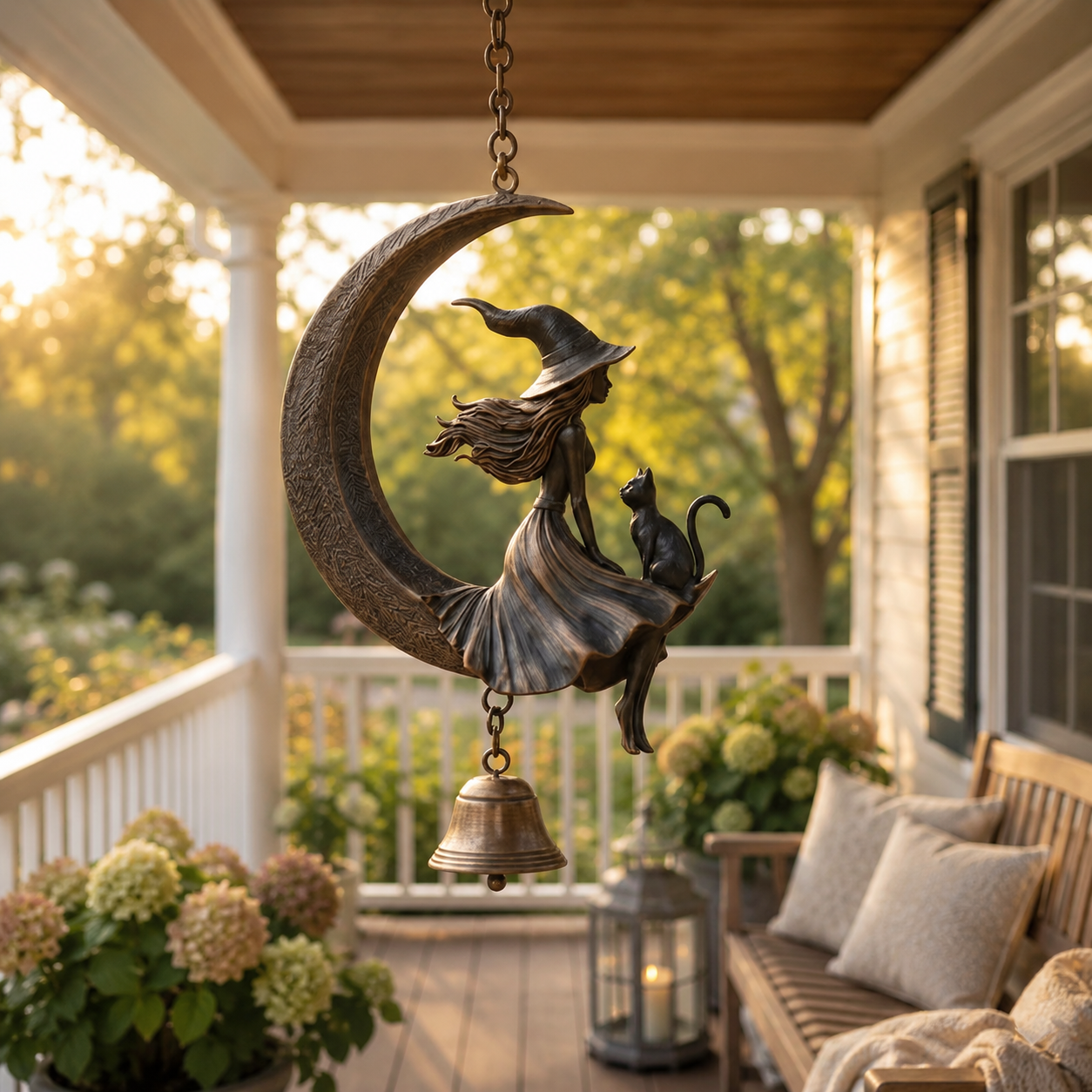 Witch & Cat Crescent Moon Hanging Bell Decor