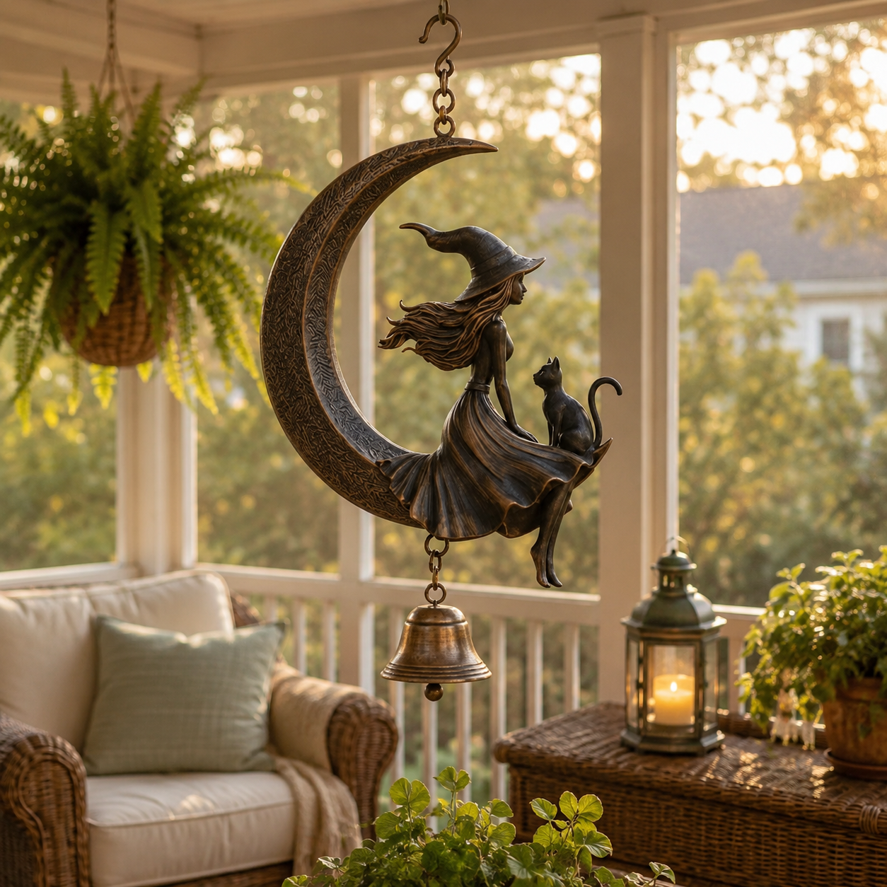 Witch & Cat Crescent Moon Hanging Bell Decor