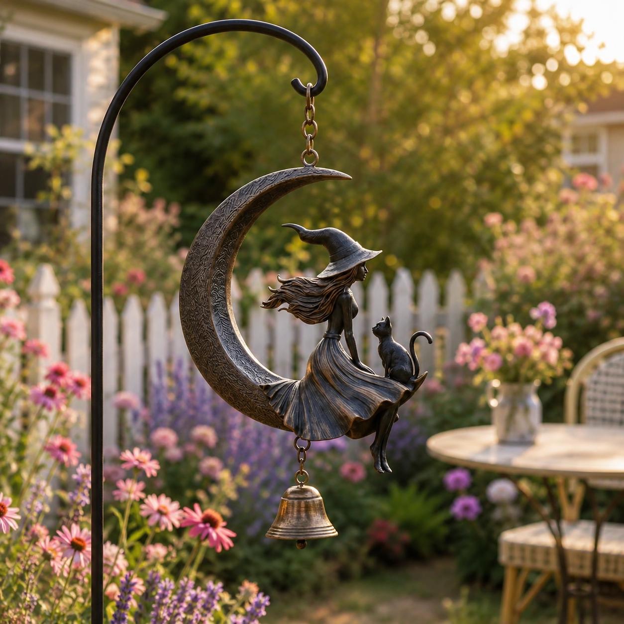 Witch & Cat Crescent Moon Hanging Bell Decor
