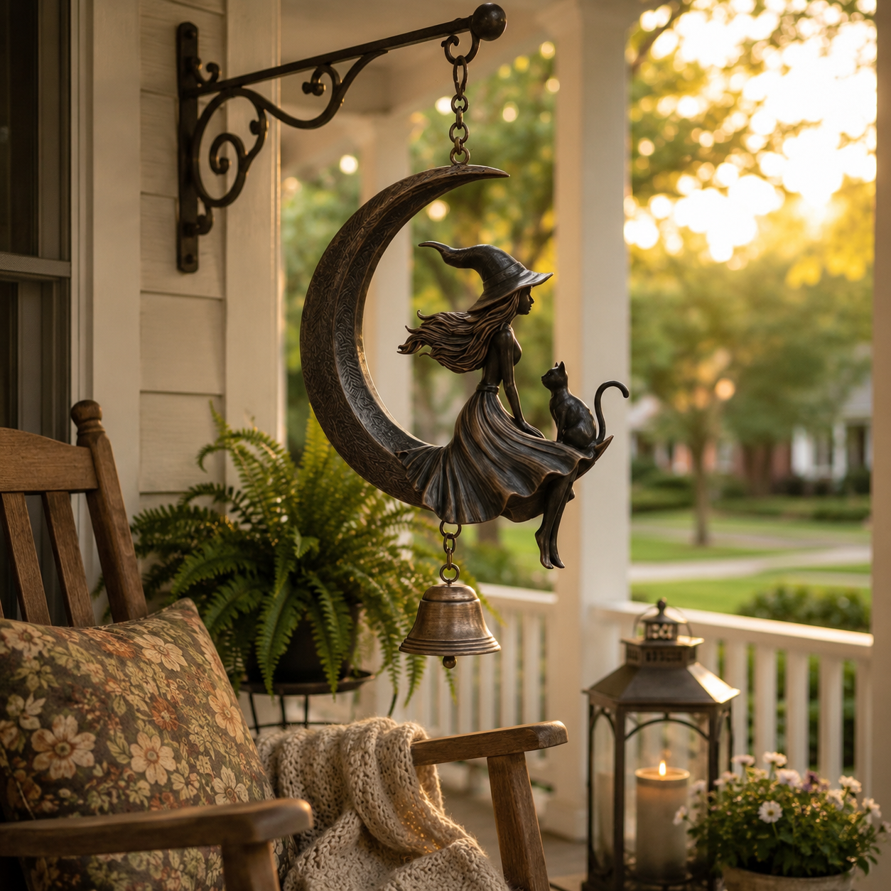 Witch & Cat Crescent Moon Hanging Bell Decor