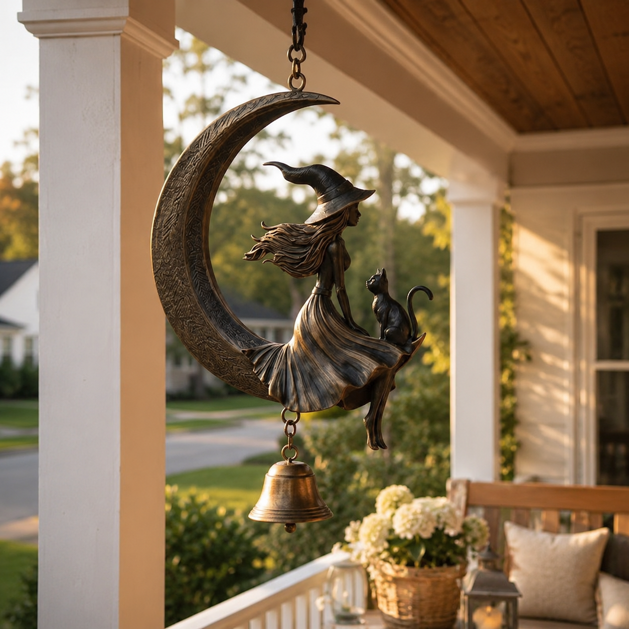 Witch & Cat Crescent Moon Hanging Bell Decor